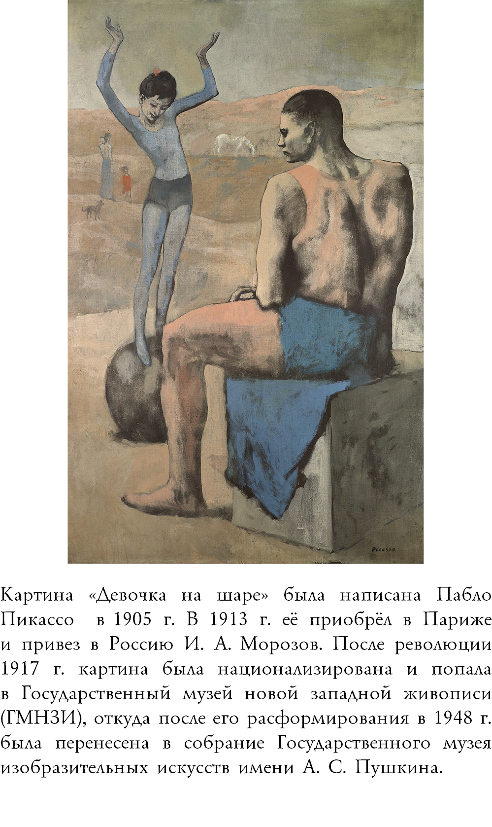 ﷯ Картина «Девочка на шаре» была написана Пабло Пикассо в 1905 г. В 1913 г. её приобрёл в Париже  и привез в Россию И. А. Морозов. После революции 1917 г. картина была национализирована и попала  в Государственный музей новой западной живописи (ГМНЗИ), откуда после его расформирования в 1948 г. была перенесена в собрание Государственного музея изобразительных искусств имени А. С. Пушкина.